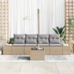 vidaXL 5-dielna záhradná sofa set s vankúšmi Béžový poly ratan – Obrázok 3