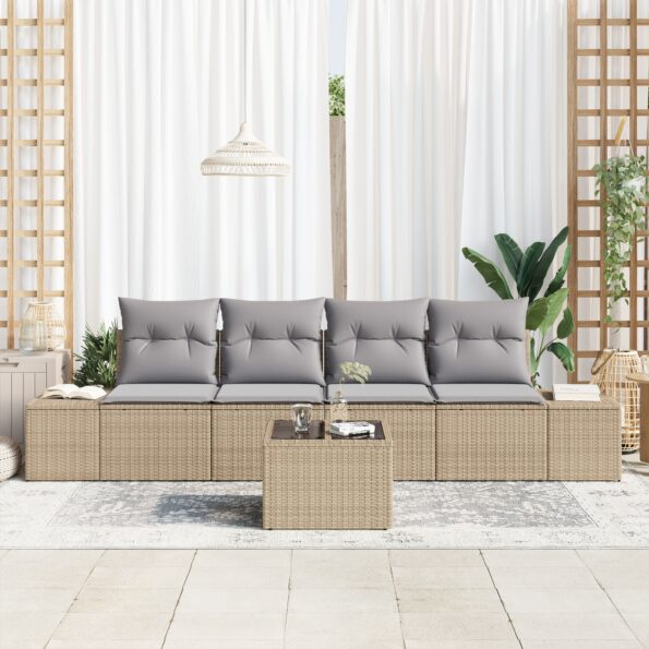 vidaXL 5-dielna záhradná sofa set s vankúšmi Béžový poly ratan – Obrázok 3