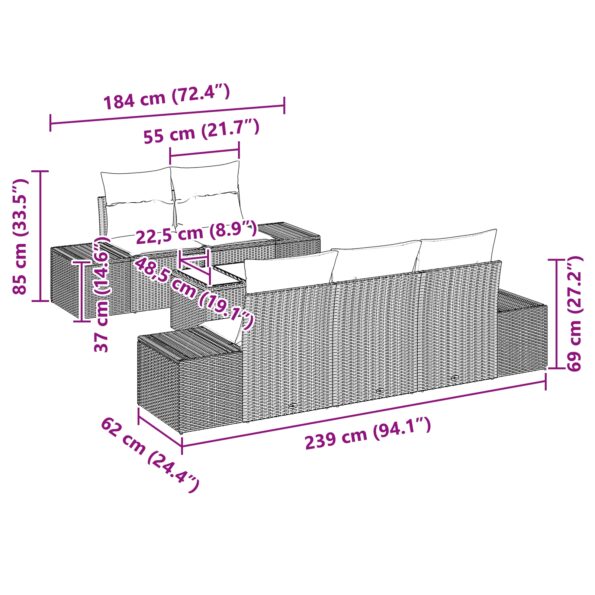 vidaXL 6-dielny záhradný pohovkový set s vankúšmi hnedý poly ratan – Obrázok 8