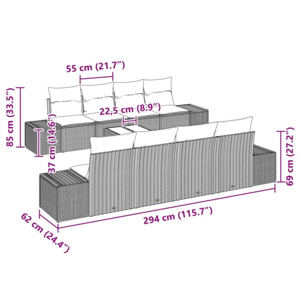 vidaXL 9-dielna súprava záhradného gauča s vankúšmi čierny poly ratan – Obrázok 8