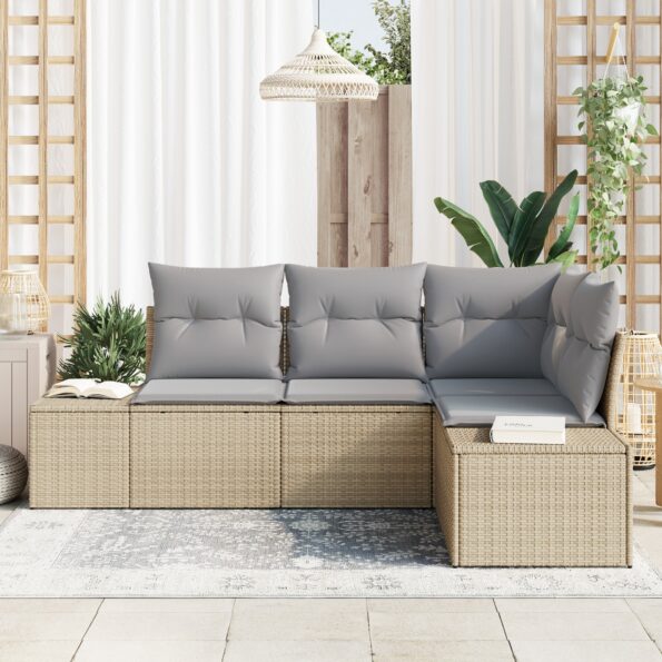 vidaXL 4-dielna záhradná pohovka s vankúšmi Béžový Poly ratan – Obrázok 3