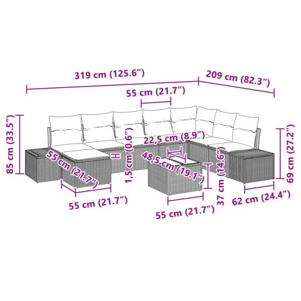 vidaXL Záhradný gauč set Sada 9 Sivá Ratan Záhradný rohový gauč – Obrázok 10