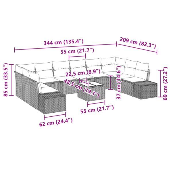 vidaXL Záhradná pohovka so špeciálnymi vankúšmi, 10 kusov, šedá poly ratan – Obrázok 9