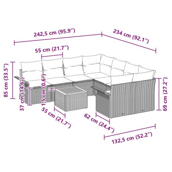vidaXL 9-dielny záhradný gaučový set s vankúšmi čierny poly ratan akácia – Obrázok 9