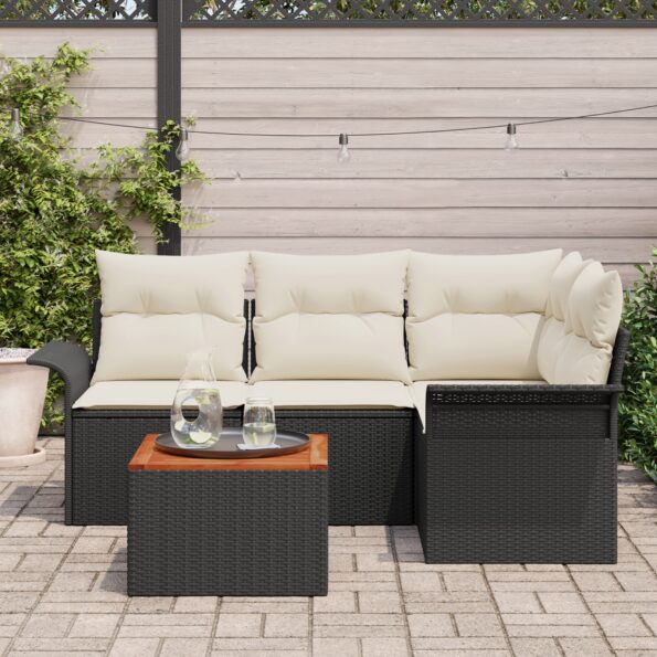 vidaXL 5 kusový záhradný sofa set s vankúšmi čierny polyratan akáciový – Obrázok 3