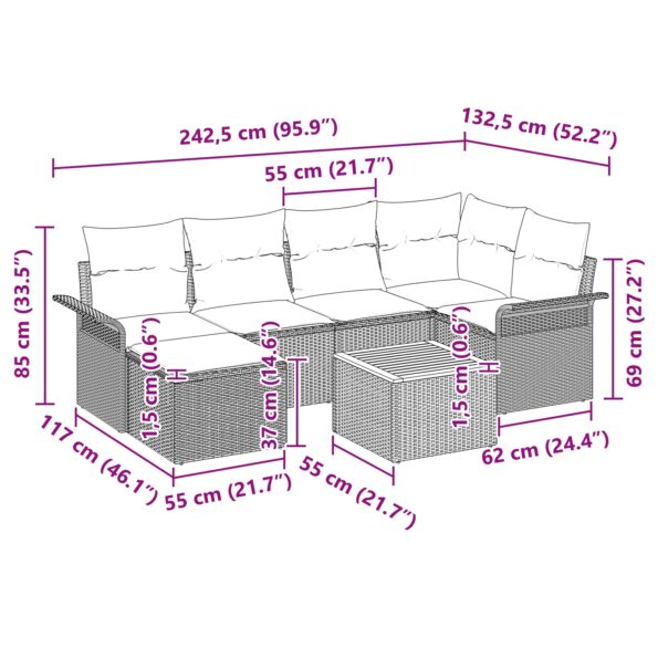 vidaXL 7-dielna záhradná pohovková súprava s vankúšmi sivá Poly rattan akácia – Obrázok 11