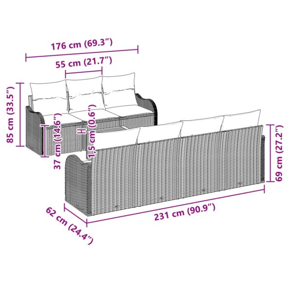 vidaXL 8-kusová záhradná pohovka súprava s vankúšmi čierny polyratan akácia – Obrázok 8