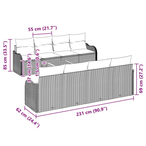 vidaXL 9-dielna záhradná súprava gauča s vankúšmi Sivá Poly Ratan Akácia – Obrázok 8