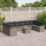 vidaXL 11 kusový záhradný gaučový set s vankúšmi sivý poly ratan akácia – Obrázok 3