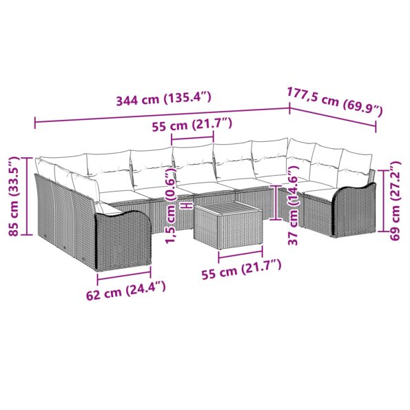 3347503_9.jpg vidaXL 11 kusový záhradný gaučový set s vankúšmi sivý poly ratan akácia – Obrázok 9
