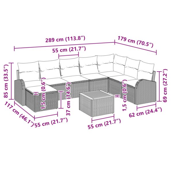 vidaXL 9-dielna záhradná sedačka s vankúšmi Béžový poly ratan Akácia – Obrázok 11