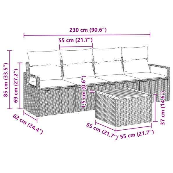 vidaXL 5-dielna záhradná pohovková súprava s vankúšmi béžová poly ratan a akácia – Obrázok 8