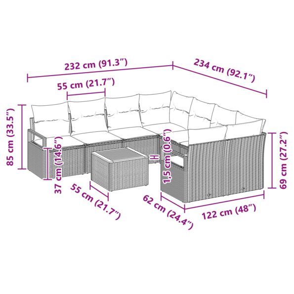 vidaXL 9-dielna záhradná súprava pohoviek s vankúšmi béžová poly ratanová akácia – Obrázok 9