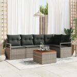 vidaXL 6-kusový záhradný set sedačiek s vankúšmi šedý poly ratan akácia