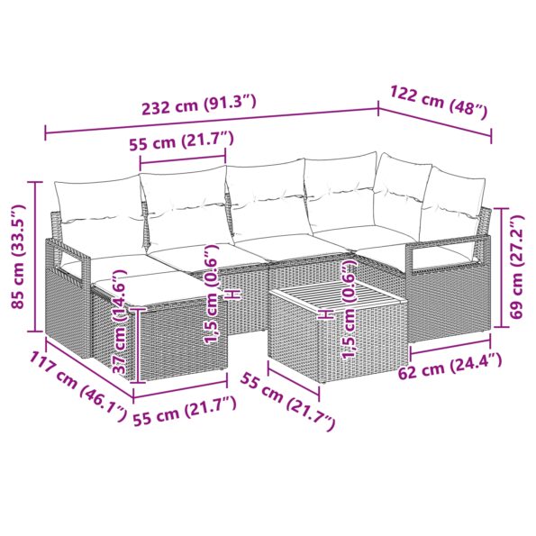 vidaXL 7-dielny záhradný pohovkový set s vankúšmi Béžový Poly Ratan Akácia – Obrázok 10