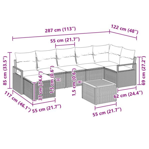 vidaXL 8-dielny záhradný gauč s vankúšmi Šedej Polyratan Akácia – Obrázok 10