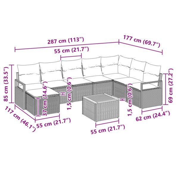vidaXL 9 dielna záhradná pohovka so vankúšmi Sivý poly ratan akácia – Obrázok 10