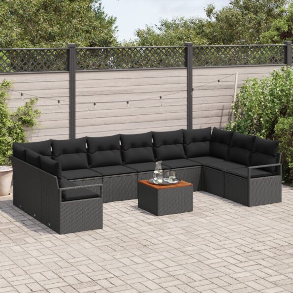 vidaXL 11-dielna záhradná súprava gauča s vankúšmi Čierny poly ratan Akácia – Obrázok 3