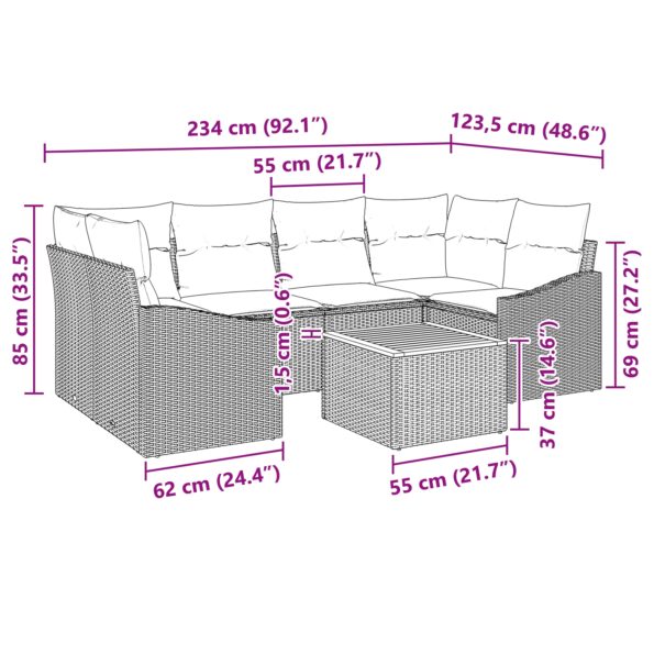 vidaXL 7-dielna súprava záhradnej pohovky s vankúšmi šedá poly ratan akácie – Obrázok 6