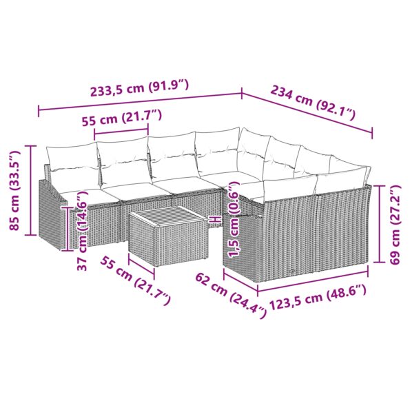vidaXL 9-dielna záhradná pohovka so vankúšmi béžový poly ratan akácia – Obrázok 9