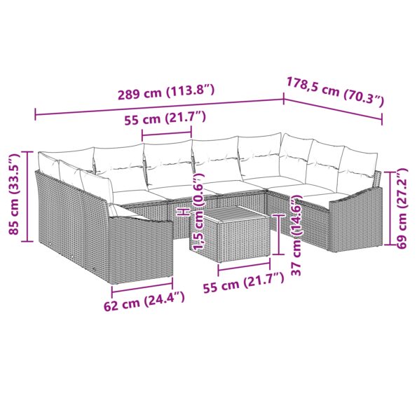 vidaXL 10-dielny záhradný gaučový set s vankúšmi béžový poly ratan akácia – Obrázok 9