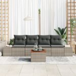 vidaXL 5-dielny záhradný sofa set s vankúšmi šedý poly ratan akácia – Obrázok 3