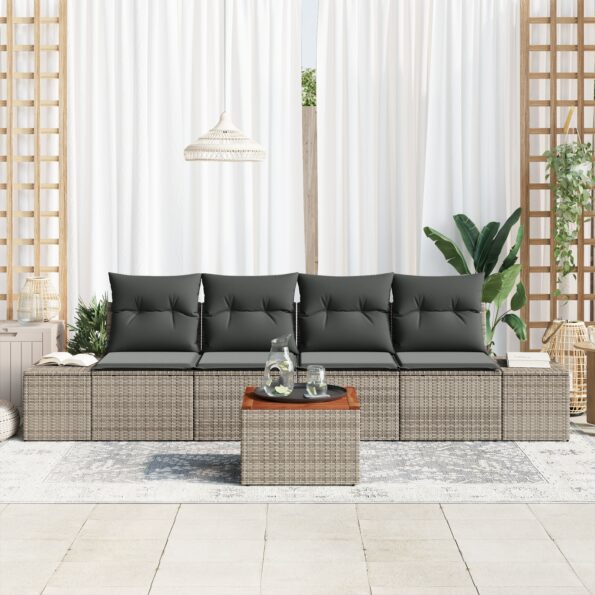 vidaXL 5-dielny záhradný sofa set s vankúšmi šedý poly ratan akácia – Obrázok 3
