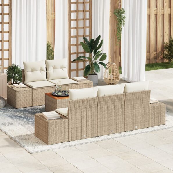 3347897_1.jpg vidaXL 6-dielny záhradný gaučový set s vankúšmi béžový polyratan acacia – Obrázok 1