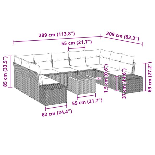 vidaXL 10-dielna súprava záhradnej pohovky s vankúšmi čierny poly ratan akácia – Obrázok 9