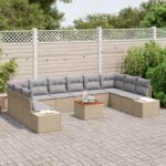 vidaXL 11-dielny záhradný gaučový set s vankúšmi béžový poly ratan akácia – Obrázok 3