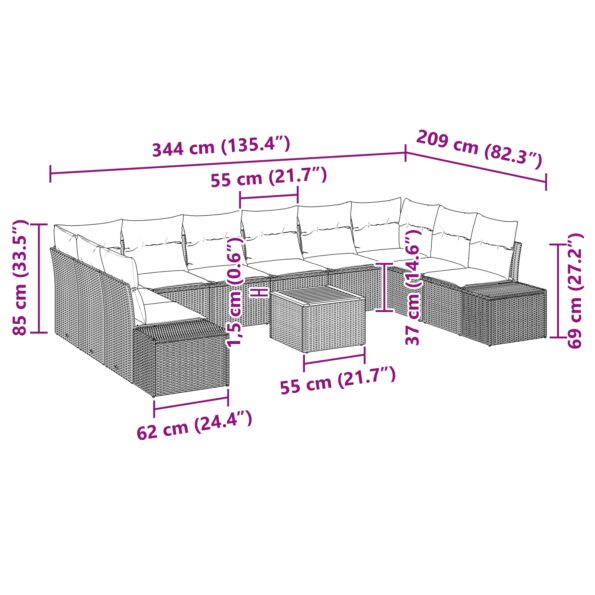 3348008_9.jpg vidaXL 11-dielny záhradný gaučový set s vankúšmi béžový poly ratan akácia – Obrázok 9