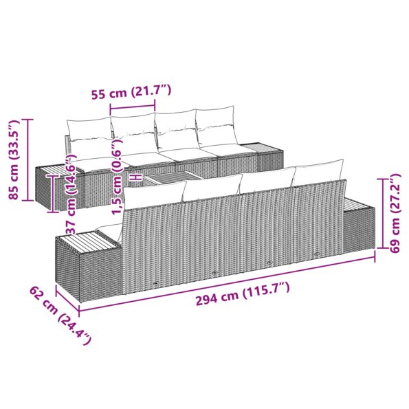 vidaXL 9-dielna súprava záhradného gauča s vankúšmi Sivý Poly Ratan – Obrázok 8