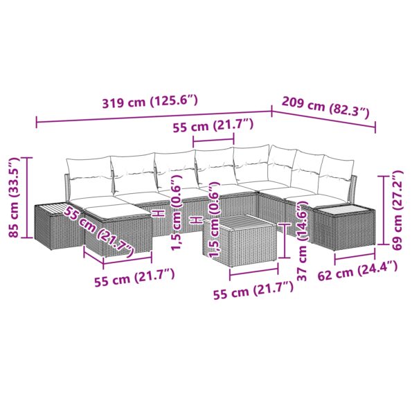 vidaXL 9-dielna súprava záhradnej pohovky s vankúšmi Béžová Poly Ratan Akácia – Obrázok 10