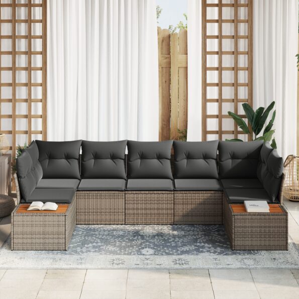 vidaXL 7-dielna súprava záhradnej pohovky s vankúšmi Sivá Poly Ratan Akácia – Obrázok 3