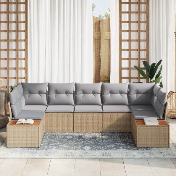 vidaXL 7-dielna záhradná pohovka so vankúšmi béžový polyratan acacia – Obrázok 3