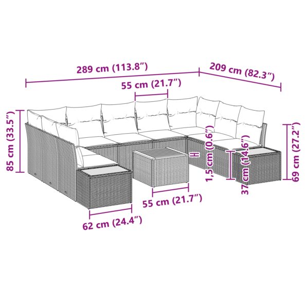 vidaXL 10-dielny záhradný pohovkový set s vankúšmi sivý poly ratan akácia – Obrázok 9
