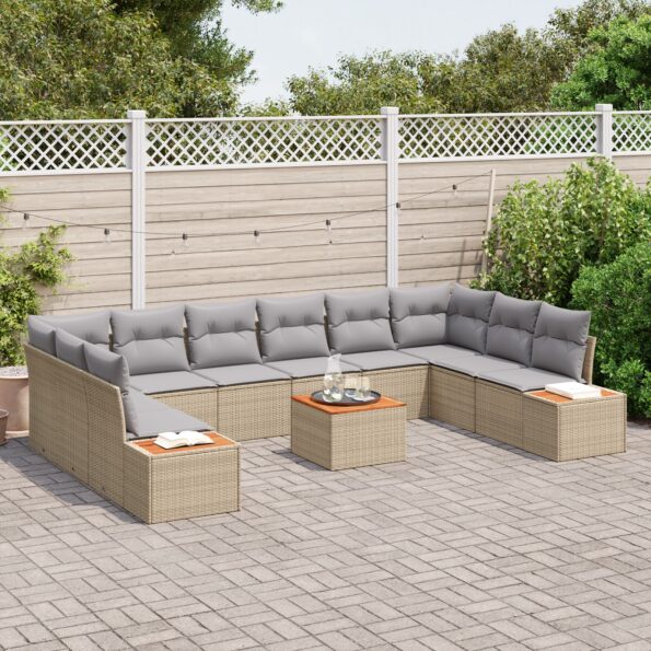 vidaXL 11-dielna súprava pohoviek s vankúšmi béžový polyratan akácia – Obrázok 3