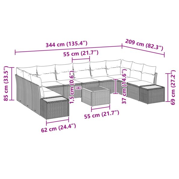vidaXL 11-dielna súprava pohoviek s vankúšmi béžový polyratan akácia – Obrázok 9
