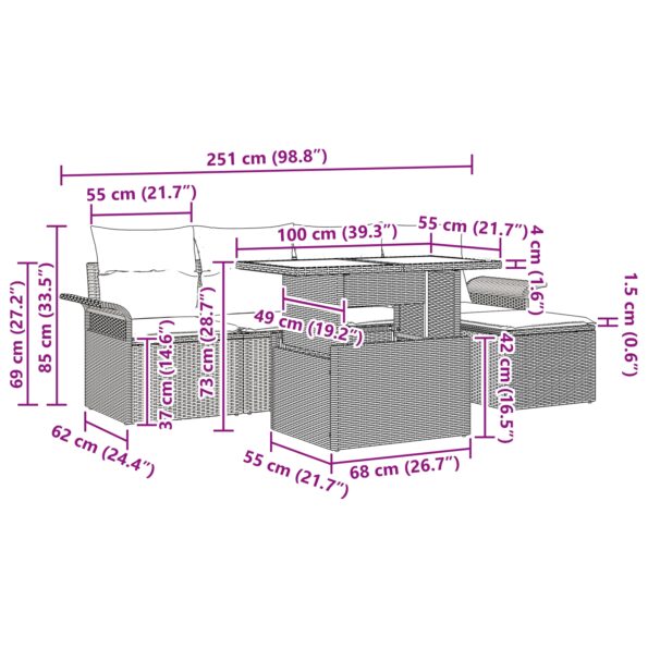 vidaXL 6-dielna záhradná sedacia súprava s vankúšmi svetlo šedá poly ratan – Obrázok 11
