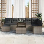 vidaXL 9-dielna záhradná súprava na sedenie s vankúšmi, šedý polyratan – Obrázok 3