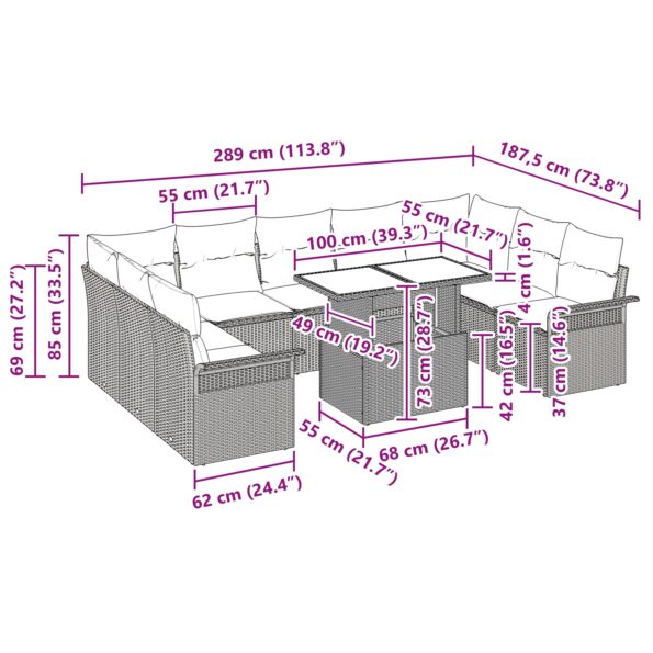 vidaXL 10-dielny záhradný gaučový set s vankúšmi čierny poly ratan – Obrázok 11