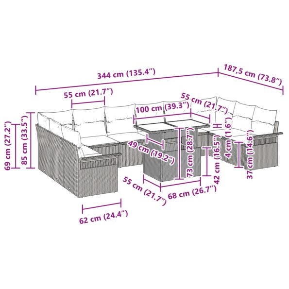 vidaXL 11-dielny záhradný gaučový set s vankúšmi Béžový poly ratan – Obrázok 11