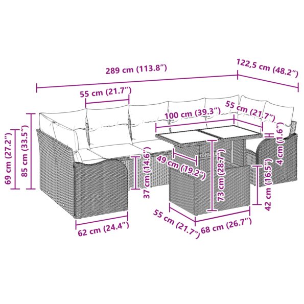 vidaXL 8-dielny set záhradného gauču s vankúšmi hnedý polyratan – Obrázok 11