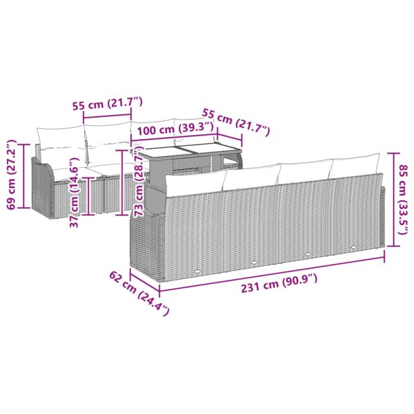 vidaXL 9-dielna záhradná pohovka s vankúšmi sivý poly ratan – Obrázok 10