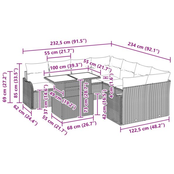 vidaXL 9-dielna záhradná súprava s vankúšmi Hnedá poly ratanová – Obrázok 11