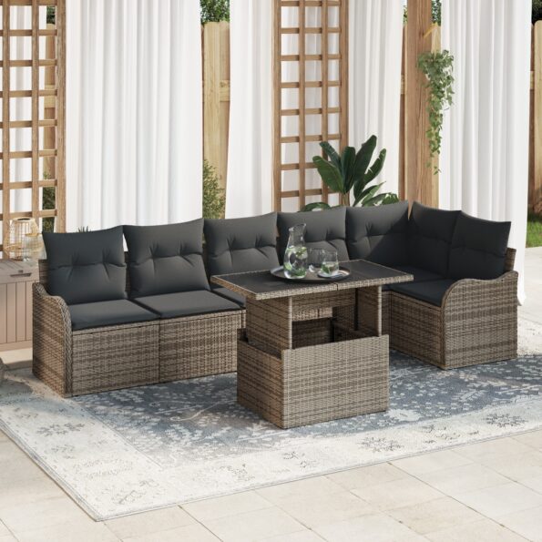 3348475_1.jpg vidaXL 7-dielny záhradný sofa set s vankúšmi sivý polyratan – Obrázok 1