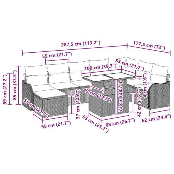 vidaXL 9-dielna súprava záhradného gauča s vankúšmi čierny polyratan – Obrázok 12