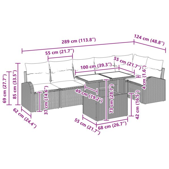 vidaXL 7 kusový záhradný pohovkový set s vankúšmi Béžový Poly ratan – Obrázok 11