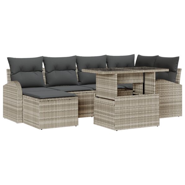 vidaXL 7-dielny záhradný gaučový set s vankúšmi svetlo šedý poly ratan – Obrázok 2