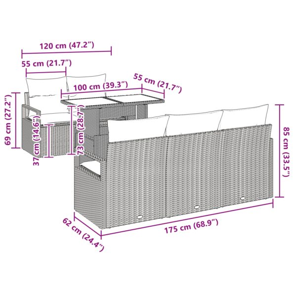 vidaXL 6-dielny záhradný gaučový set s vankúšmi hnedý poly ratan – Obrázok 10